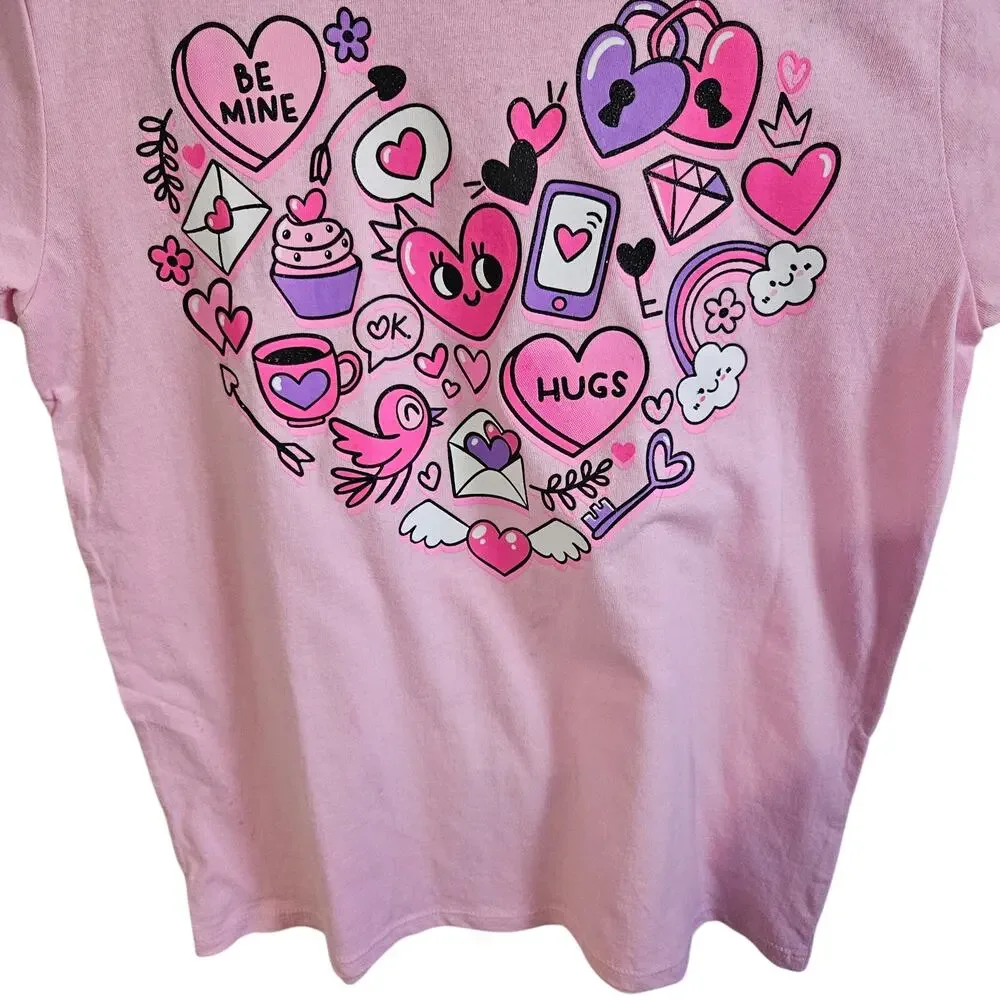 Children's Place Girls Size L Heart Doodle Graphic Tee Shirt Pastel Pink Cutesy